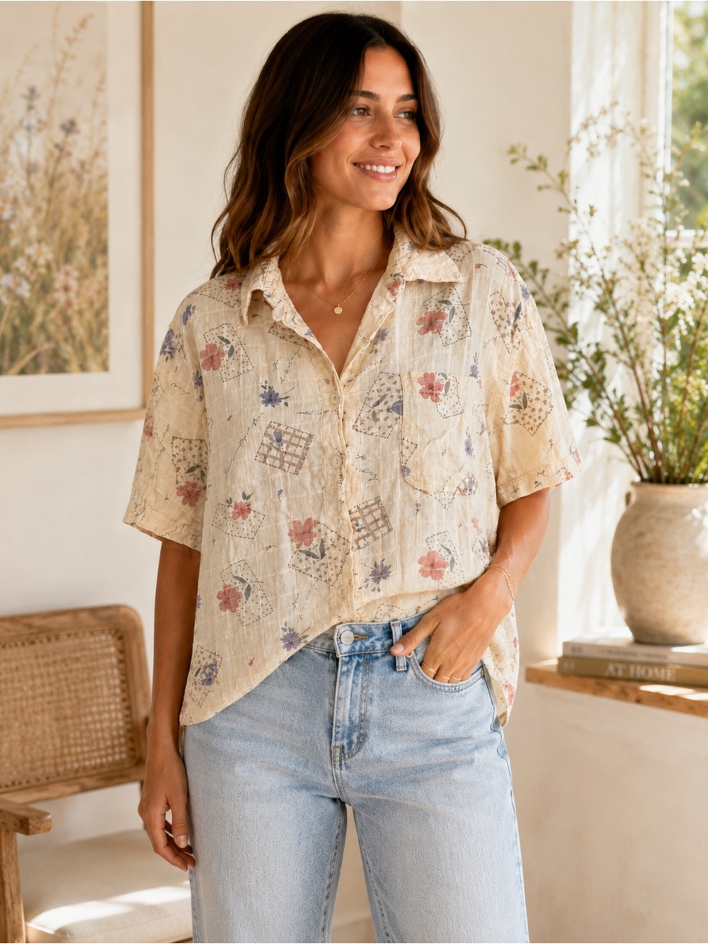 Vintage Cottagecore Floral Button Up Shirt Women’s XXL Cream Short Sleeve Blouse